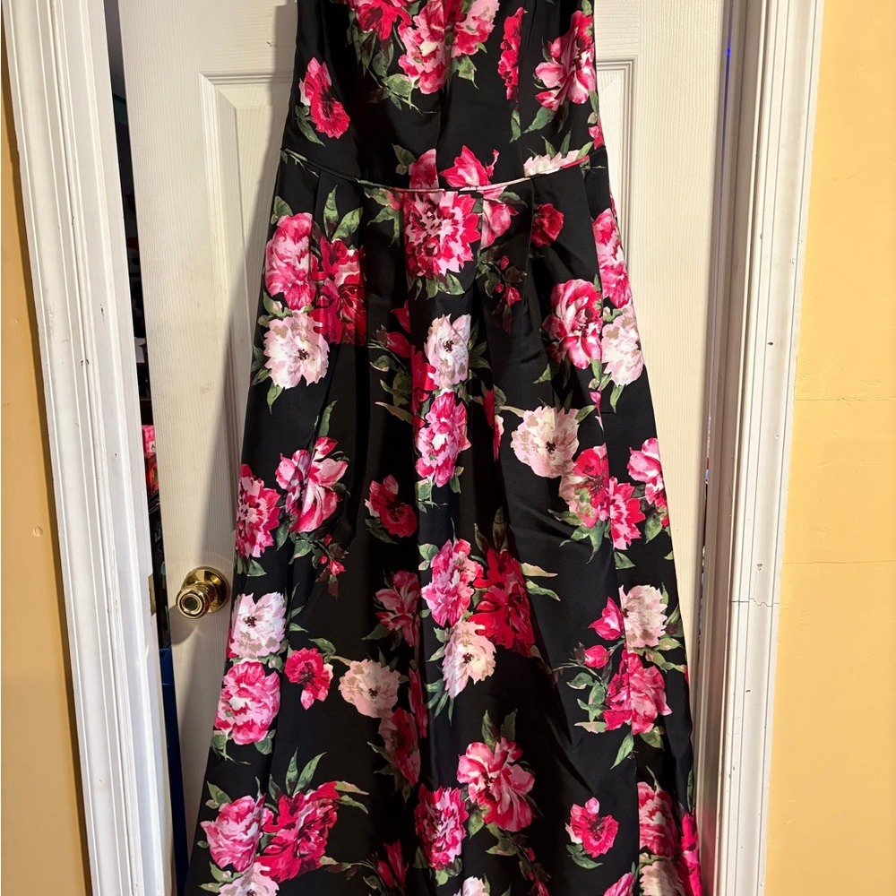 Floral Black and Pink Prom Dress